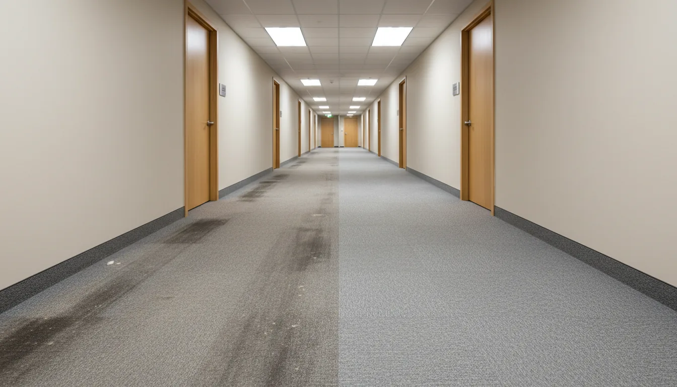 Commercial office corridor before and after cleaning