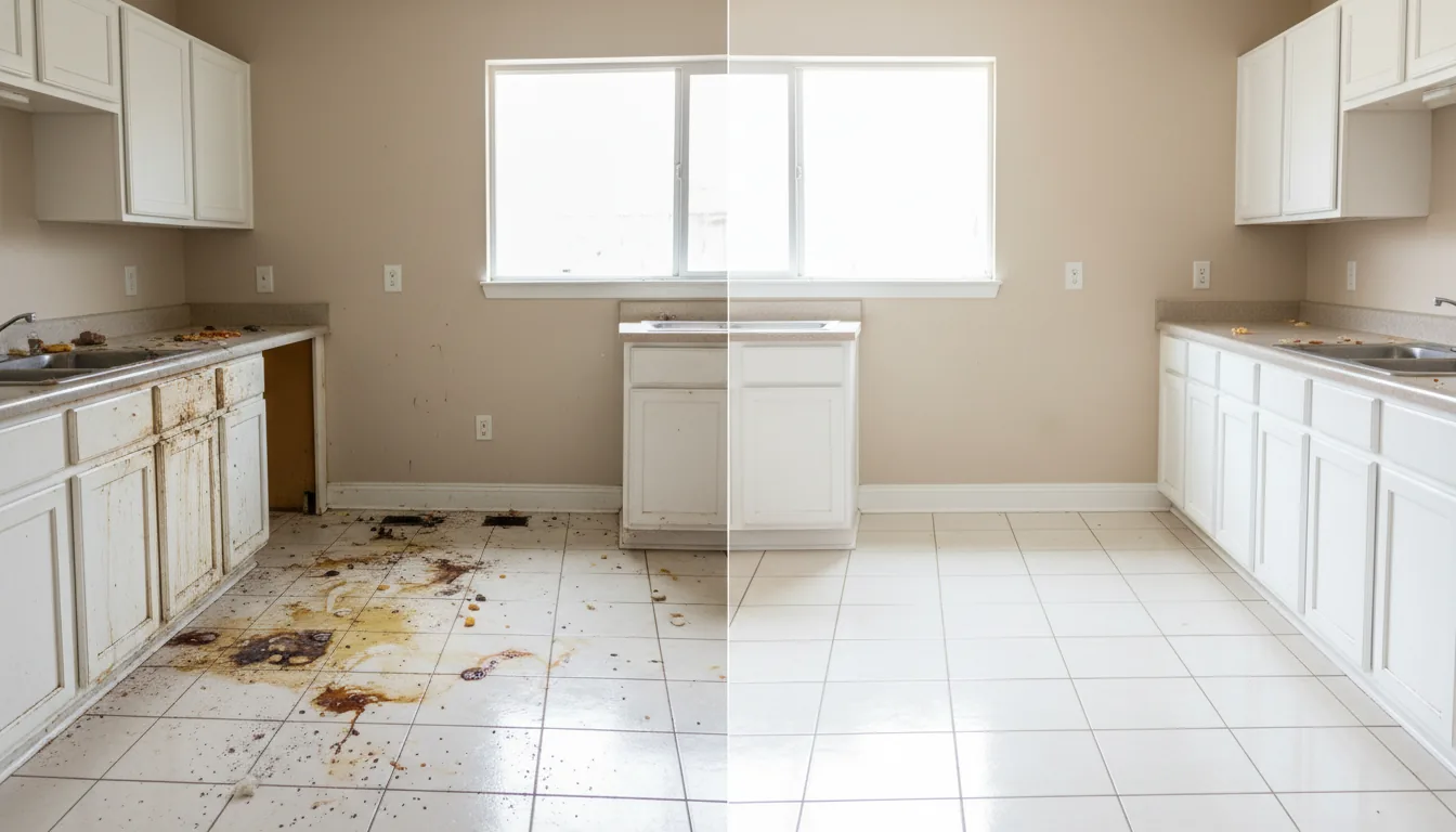 End-of-lease kitchen floor before and after cleaning