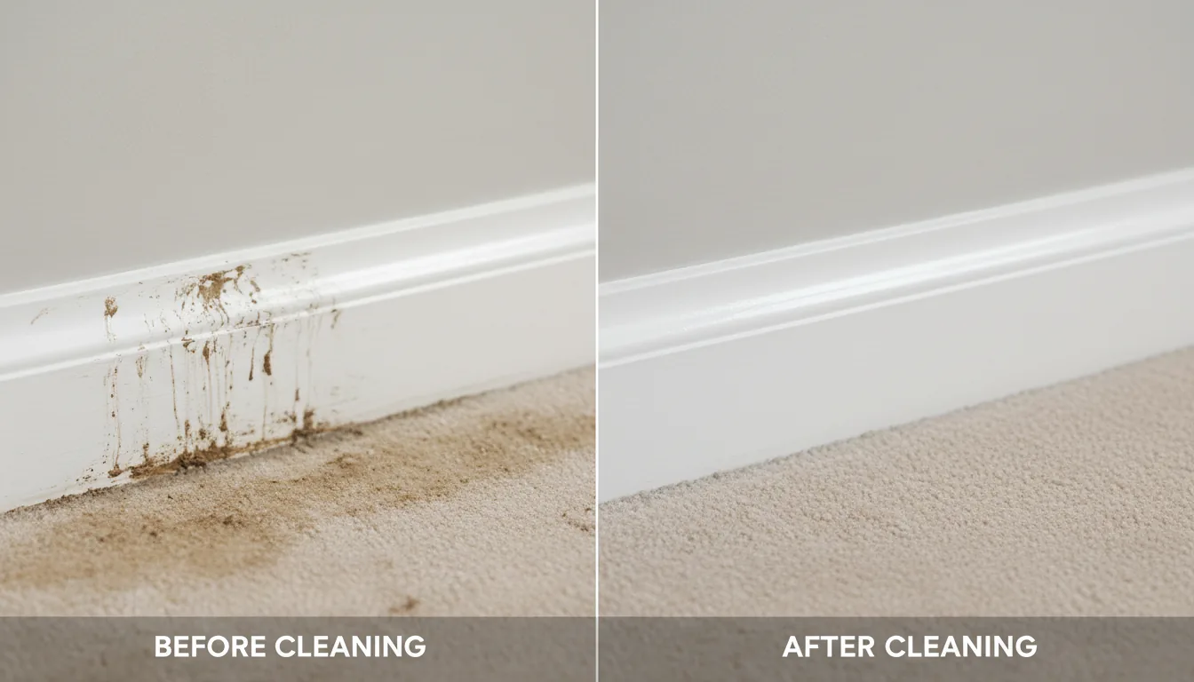 Skirting board moisture damage before and after