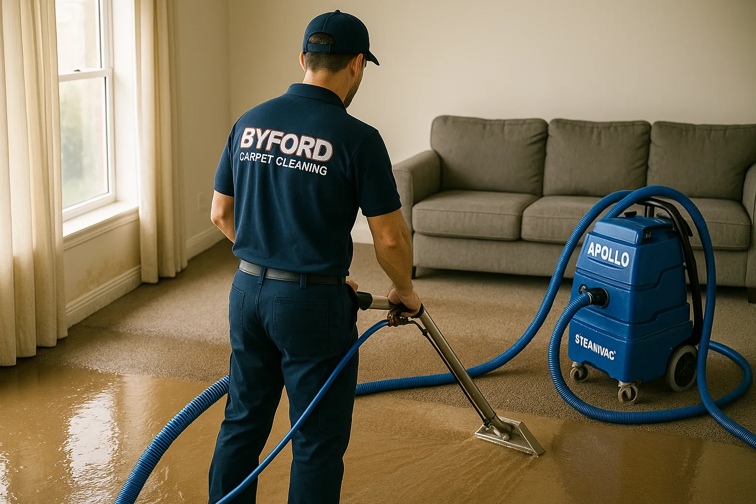 Technician extracting water from carpet