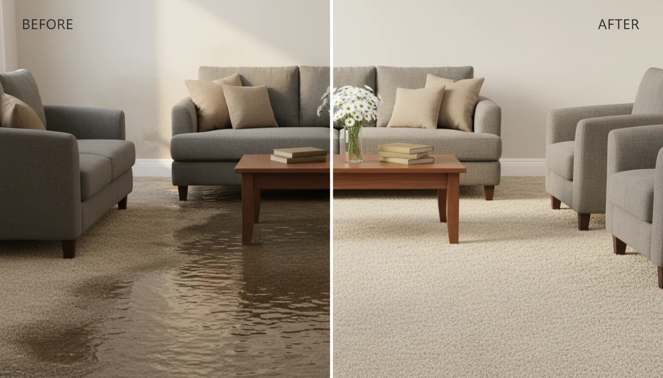 Byford Carpet Cleaning flooded living room hero before after Perth