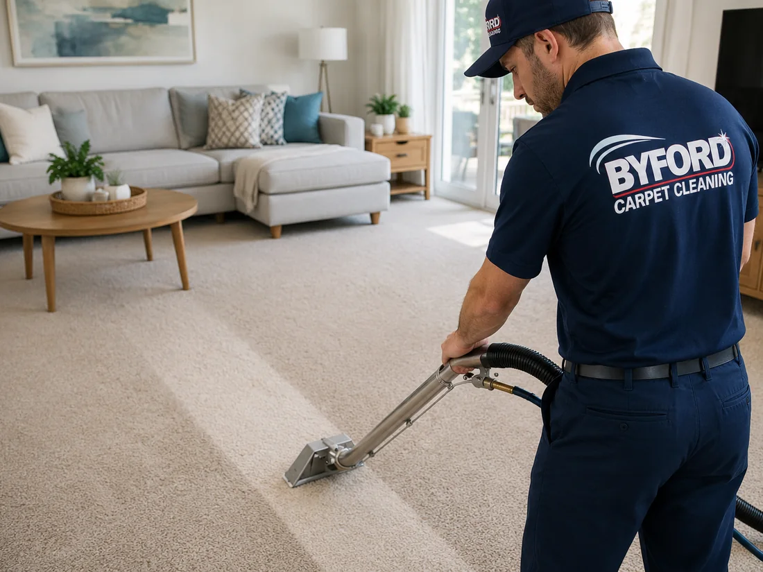 Byford Carpet Cleaning technician deep cleaning a residential living room carpet in Perth