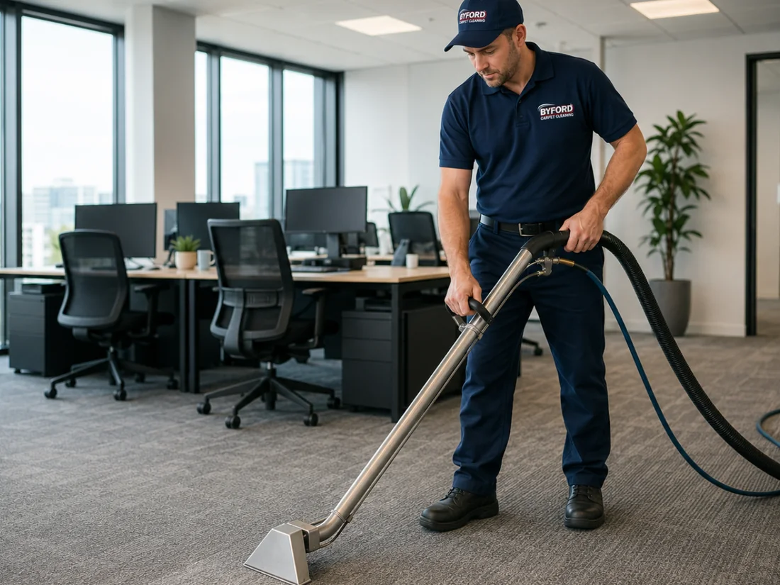 Byford Carpet Cleaning technician cleaning an office carpet in a Perth workplace